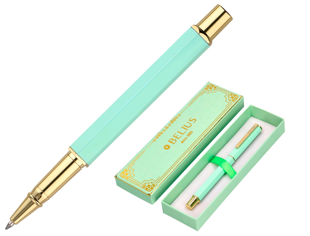 BOLIGRAFO BELIUS MACARON BLISS FORMA HEXAGONAL COLOR VERDE DORADO TINTA AZUL CAJA DE DISEÑO