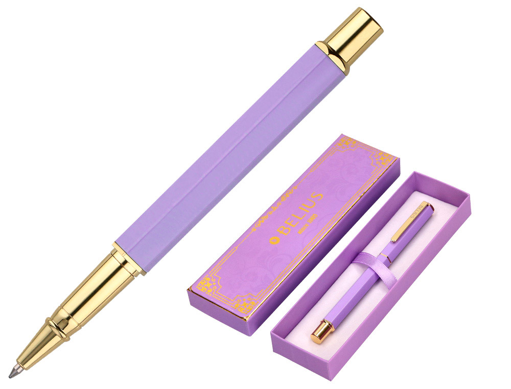 BOLIGRAFO BELIUS MACARON BLISS FORMA HEXAGONAL COLOR MORADO Y DORADO TINTA AZUL CAJA DE DISEÑO