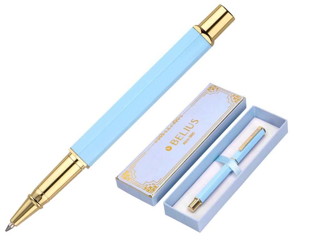 BOLIGRAFO BELIUS MACARON BLISS FORMA HEXAGONAL COLOR CELESTE Y DORADO TINTA AZUL CAJA DE DISEÑO