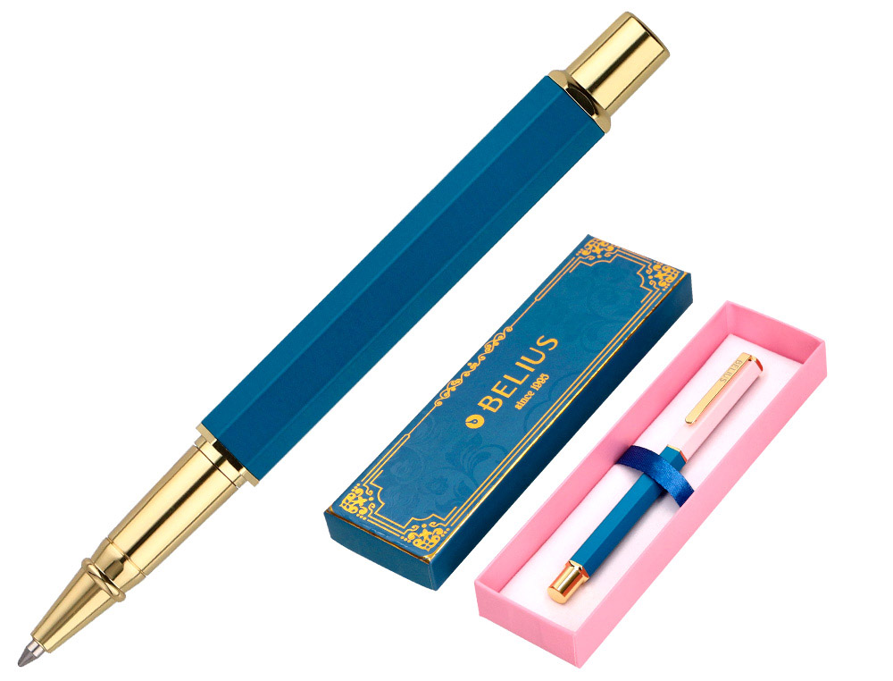 BOLIGRAFO BELIUS MACARON BLISS FORMA HEXAGONAL COLOR ROSA/ AZUL Y DORADO TINTA AZUL CAJA DE DISEÑO